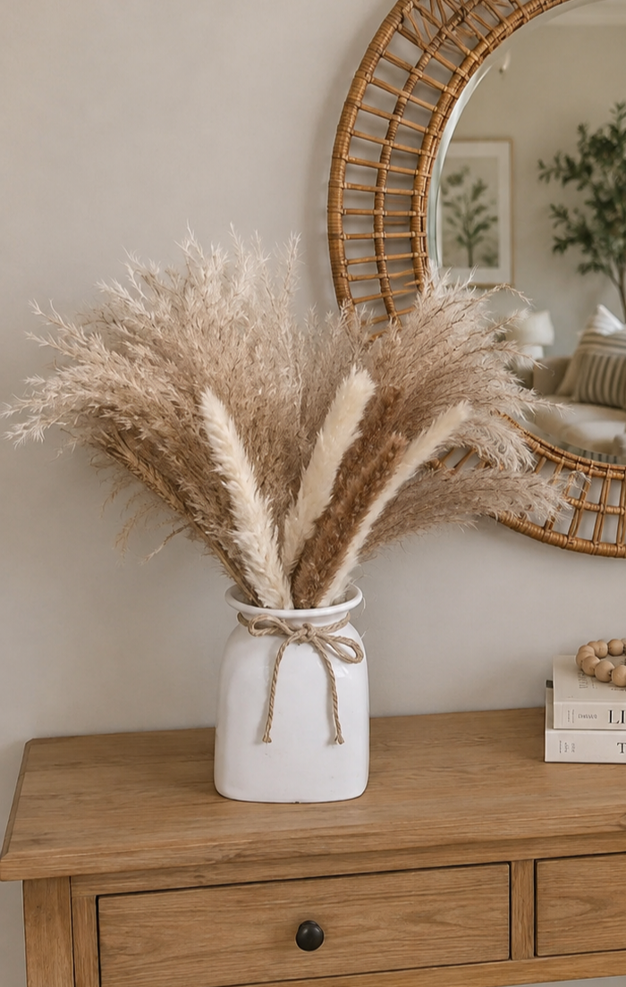 Neutral pampas arrangement in a ceramic vase,